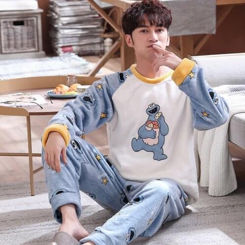 Young Men Pajamas Set Warm Flannel Male Long-sleeved Autumn Winter Pyjama Loose Men Home Set Coral Fleece Sleepwear Top+ Pants