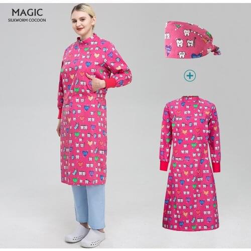 Long Sleeve Tooth Print Scrubs Coat Protective Isolation Nursing Clothing Unisex Work Uniform Cotton Dental Clinic Work Uniforms