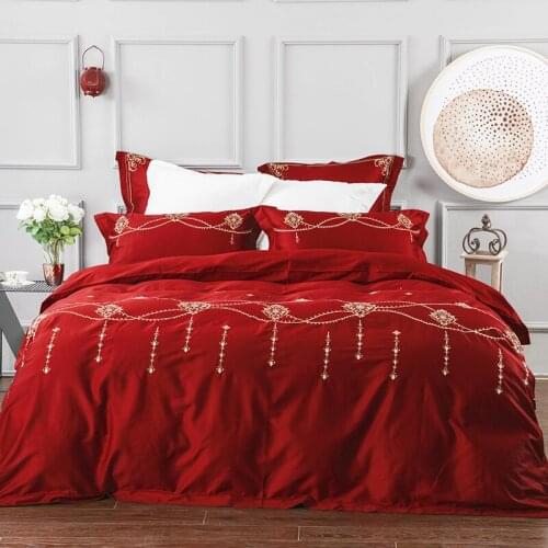 Luxury Egyptian Cotton gules color Queen King size Bedding Set Oriental Embroidery Duvet Cover Bed Sheet set Pillowcases