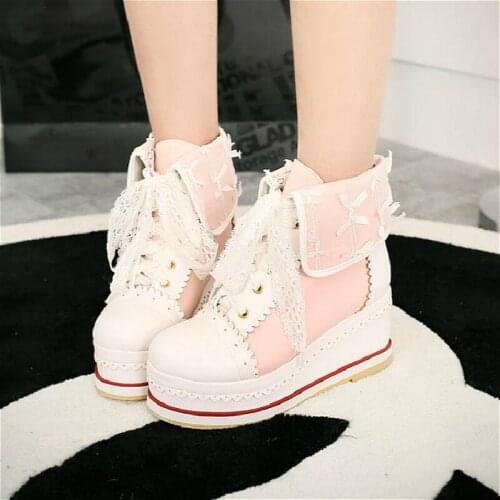 Sweet Lolita Shoes Vintage Round Head 7cm High Heel Women Shoes Cute Bowknot Cross Bandage Kawaii Loli Cosplay Girl Lace Shoes
