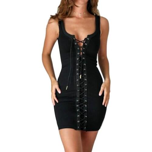 Party Club Summer Autumn Women Sexy Solid Color Lace Up Sleeveless Bodycon Mini Dress