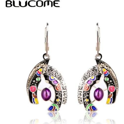 Blucome Special Design Purple Black Enamel Drop Earrings Russian Style Women Girls Jewelry Light Alloy Holiday Party Earrrings