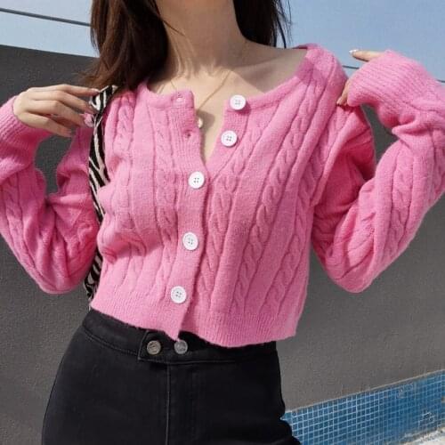WOMENGAGA Winter Autumn Retro Round Neck Button Twist Knit Cardigan Women Coat Loose And Thin Long-sleeved Top Sweater X3RB
