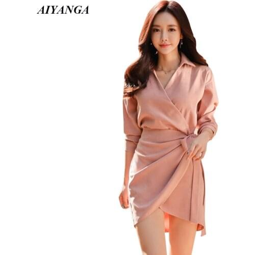 OL Elegant Dress Women 2019 Spring Dresses Sexy long Sleeve Business Attire Package Hip Short Dresses Sole Color Pink