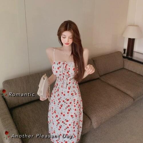 French Retro Floral Sling Dress Sweet Temperament Waist Waist Mid-length Skirt Female Summer 2021 New Skirt