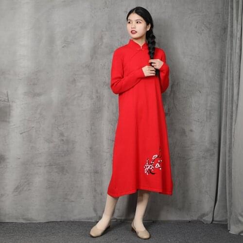 LZJN 2020 New Elegant Women Knit Sweater Dress Chinese Cheongsam Qipao Style Modern Embroidery Ladies Red Black Long Sweater
