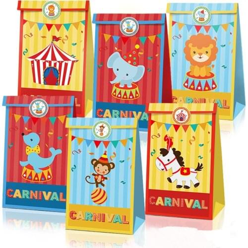 12pcs Circus Animals Birthday Party Gifts Bags Carnival Festival Party Decorations Paper Candy Bags Baby Shower Packaging Bags