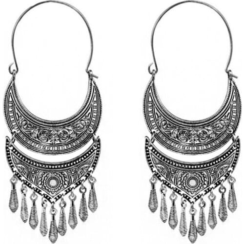2020 Womens Bronze Vintage Ethnic Indian Jhumka Earrings Gypsy Jewelry Bohemia Crescent Shaped Alloy Tassel Water Drop Earrings