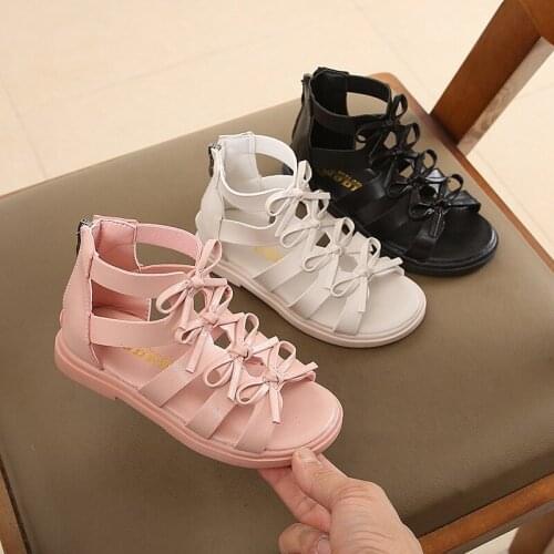 2021 New Girls Beach Sandals for Big Girls Summer Gladiator Leather Kids Shoes Bowtie Toddler Girsl Rome Sandalias 2-13Y
