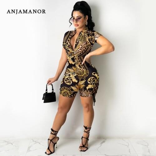 ANJAMANOR Fashion Leopard Chain Print Rompers Playsuits Sexy Club Outfits Summer Clothes for Women Shorts Jumpsuit D42-CH19