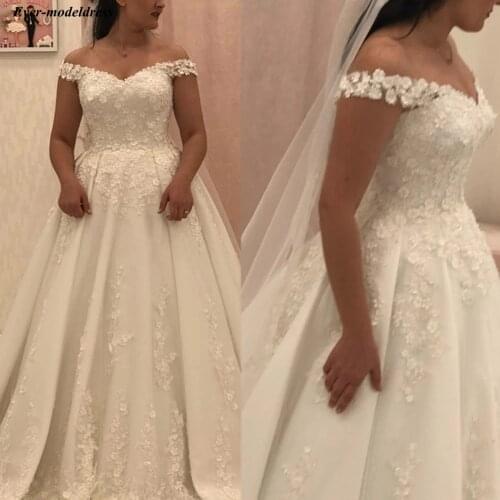 Princess Ball Gown Wedding Dresses Off Shoulder Sleeveless Appliques Floor Length Satin Robe Do Mariee Vestidos De Noiva 2020