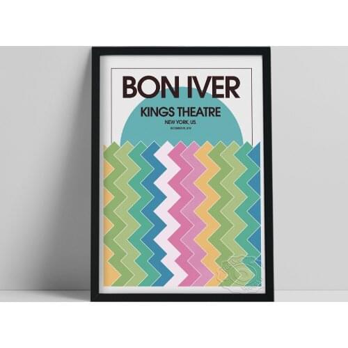 Bon Iver Independent Folk Band Poster, Musical Group Kings Theatre New York Us Gig Prints, Wave Line Decor, Music Fans Collect