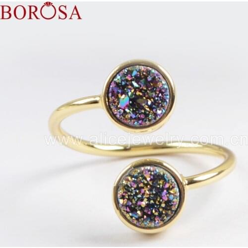 BOROSA 5/10PCS Natural Agates Titanium Rainbow Druzy Ring 9mm Double Stones Gold Color Adjustable Rings Jewelry ZG0363