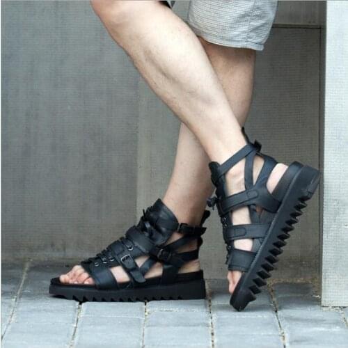 Black Fashion cool real genuine leather Roman skin sandals mens luxury quality soft leather leisure ankle sandals for men