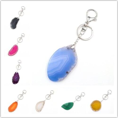 FYJS Unique Silver Plated Circle Lobster Clasp Irregular Shape Many Colors Agates Key Chain Ethnic Style Jewelry