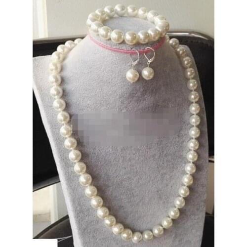 Fashion 10MM Natural White Shell Pearl Necklace Bracelet Earrings Set AAA