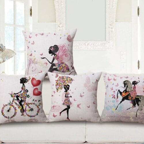 Girl Cushion Cover Flowers Fairy Princess Pink Love Throw Pillow Covers Flower Angel Pillowcase Linen Cotton Bedroom Decoration