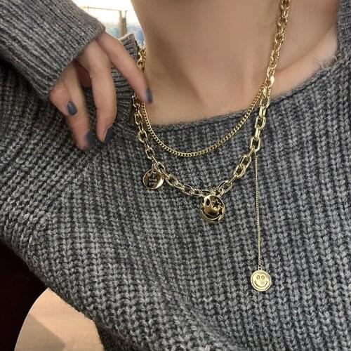TIMEONLY Elegant Double Layering Multi Smile Charm Necklace Hollow Cuban Chain Pendant Necklaces for Women Girls Jewelry Funny