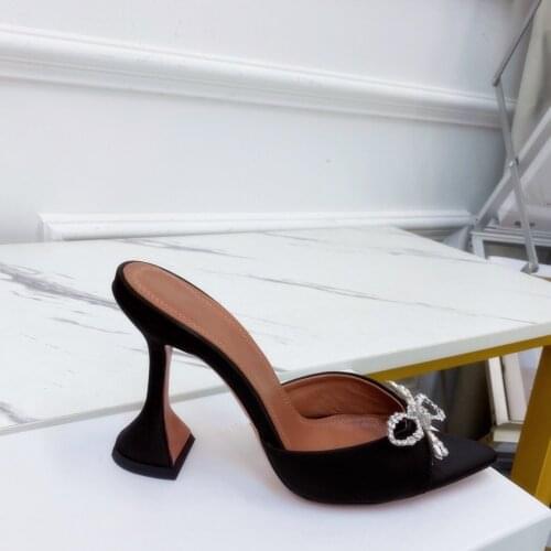 Casual Designer fashion women shoes real leather black satin peep toe crystal bow high heels sandalias de las mujeres mujer 2021