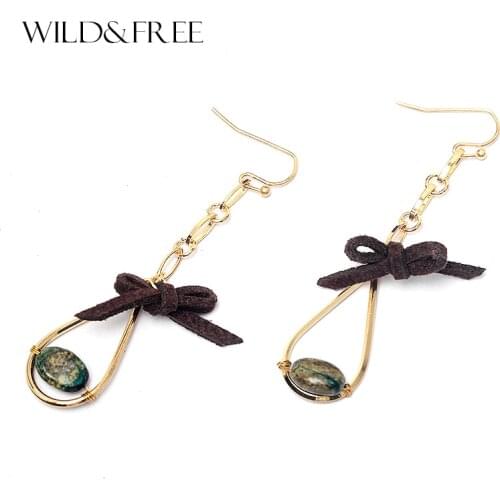 WILD & FREE Women Handmade Green Natural Stone Drop Earrings Vintage Gold Brown Suede Bowknot Dangle Earrings Christmas Gift