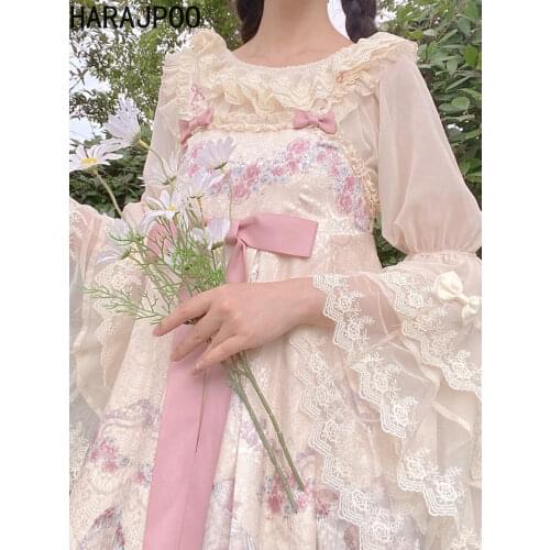 Harajpoo Women Shirt Japanese Soft Girl Lolita Chiffon Summer Autumn Thin Lace Flared Long Sleeve Y2k Casual Kawaii Trendy Tops