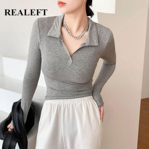 REALEFT 2021 New Autumn Winter Knitted Womens T-Shirts Long Sleeve Turn-down Collar Knitwear Shirts Solid Female Chic Slim Tops
