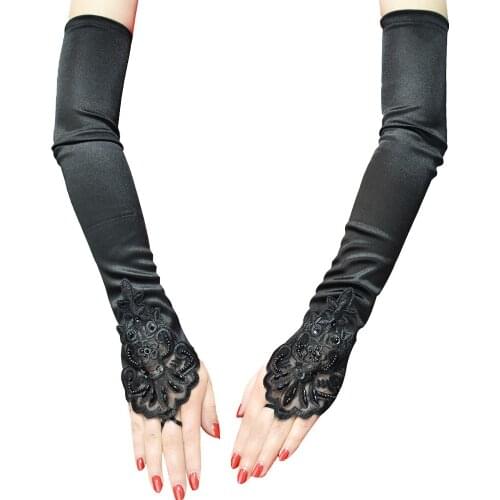 Vintage 1920s Fingerless Lace Sequins Satin Party Gloves Costume Accessories Stretch Opera Black Women Long Gloves