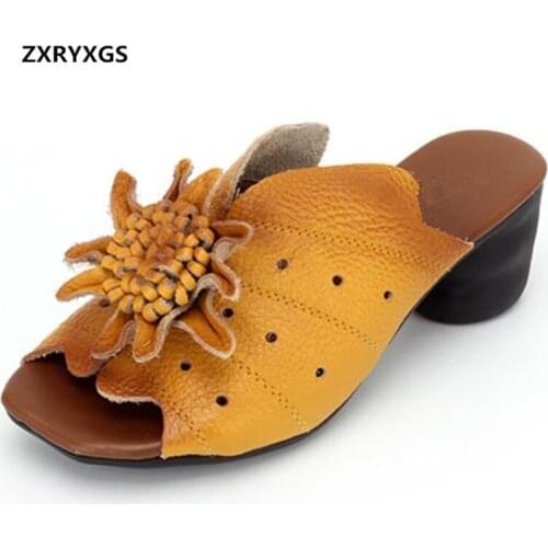 2021 Famous Cowhide Flowers Shoes Woman Fashion Slippers Sandals Comfortable Soft Summer Leather Slippers Women Shoes Sandals