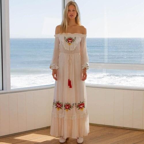 Boho Summer Dress Women White Off The Shoulder Embroidery Maxi Dress Casual Long Sleeve Gypsy Lace-Up Tassel Long Dress Vestidos
