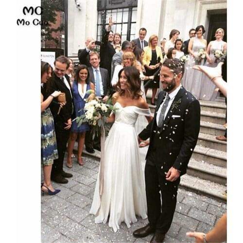 Boho Off the Shoulder Wedding Dress Bridal Gown Long Chiffon Floor Length V-Neck Beach Wedding Dresses