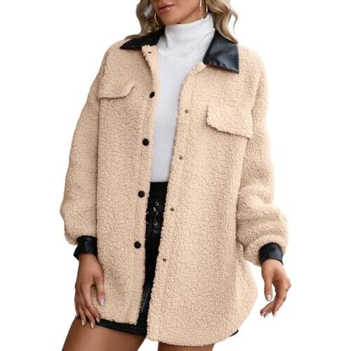 Womens Winter Coat Oversized Patchwork Single Breasted Faux Fur Coat Korean Style Turn-Down Collar Fluffy Jacket Outerwear