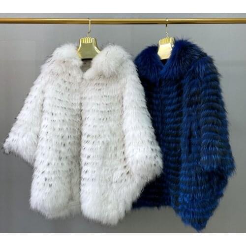Winter Women Real Fox Fur Coat Natural Silver Fox Bat Sleeved Loose Warm Fashion Striped Jacket And Knitting High Quality