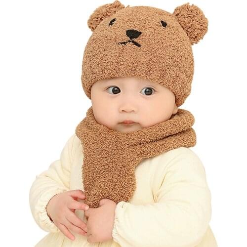 2 Pcs Set Baby Cartoon Bear Winter Hat Boy Girl Scarf Cap for Infant Toddler Kids Animal Casual Neck Warmer 6-36M