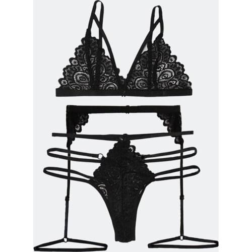 2021 Women Lingerie Exotic Sets Babydolls Sexy Lace Bra Panty Garter Belt Three-piece Suit Honeymoon Nightwear Sleepwear Black