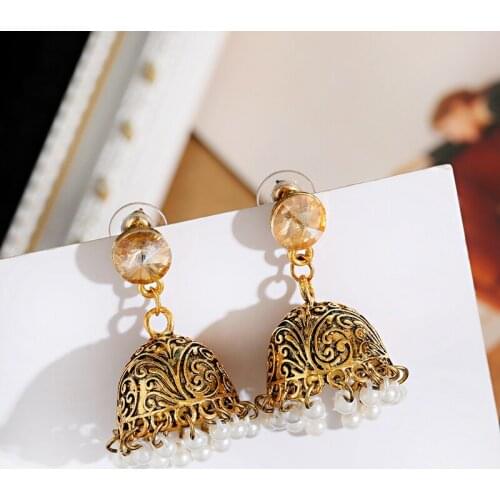 2021 Retro Gold Alloy Indian Jhumka Earrings Womens Classic Vintage Pearls Beads Turkey Earrings Bijoux