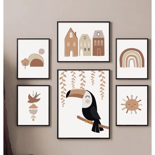 Abstract Cartoon Mountain House Toucan Alphabet Nordic Posters And Prints Wall Art Canvas Painting Wall Pictures Kids Room Decor