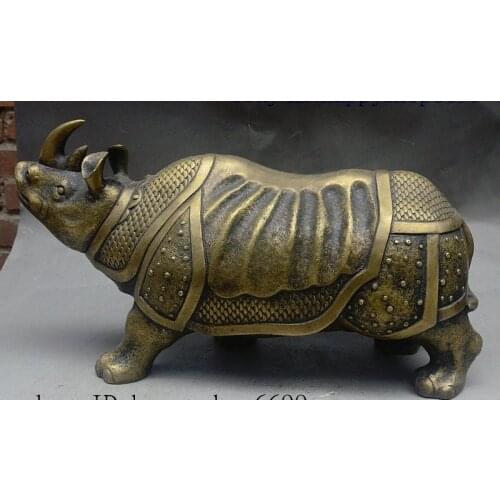 16" Folk China FengShui Bronze Auspicious Warrior Armor Rhinoceros Rhino Statue