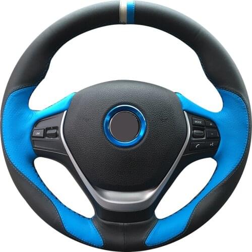 Black Leather Light Blue Leather Car Steering Wheel Cover for BMW F30 320i 328i 320d F20
