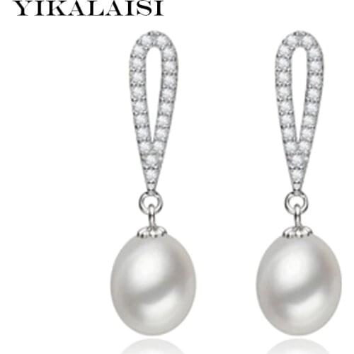 YIKALAISI 925 sterling silver jewelry100%Natural Pearl jewelry long Earrings 8-9 mm Freshwater Pearl Earring For Women