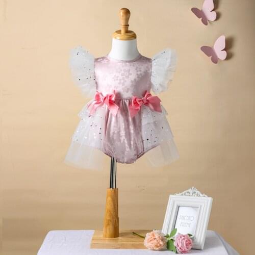 Princess Baby Girl Lace Ruffles Fly Sleeve Bodysuits Summer Cute Infant Bow-knot O-neck Mesh Tutu Floral Jumpsuit Party 0-12M