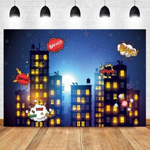 Laeacco Superhero Backdrop City Night Building Super Hero Baby Shower Birthday Party Photographic Backdrop Photo Background