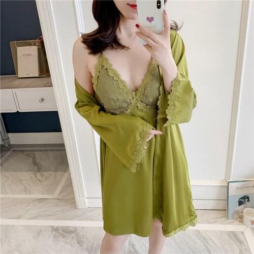 Summer Women Robe Sets 2 Pieces Sets Summer Sleepwear Lace Female Sexy Ladies Nightwear Thin Silk Homewear Casual Nightgowns