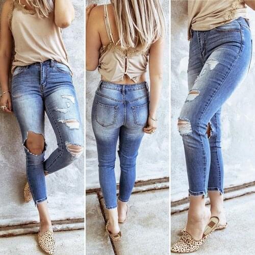 2020 Fashion New Denim Pencil Pants Women Skinny Ninth Jeans Ripped Holes Broken Jean Ladies Stretch Slim Ankle Length Trousers