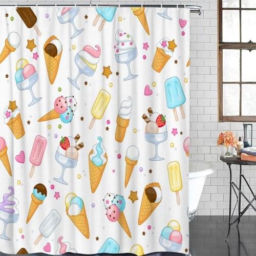 Cartoon Food Ice Cream Cup Shower Curtain Polyester Fabric Bathroom Home Decor Waterproof Shower Curtains with Hooks