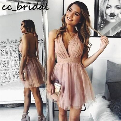 Soft Tulle Short Cocktail Dresses 2020 Elegant V-neck Backless Prom Party Gowns For Women Cheap vestidos de fiesta de noche