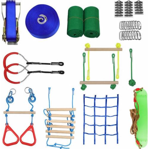 Ninja Warrior Obstacle Course for Kids - Ninja Slackline 40' with 9 Accessories Climbing Net GYM Rings Trapeze Swing Rope Ladder