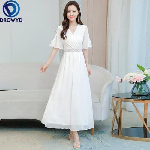 White Chiffon Dress Women Short Sleeves Ladies Dresses Office Lady Korean Dress Elegant Womens Summer Sundress Party Vestidos