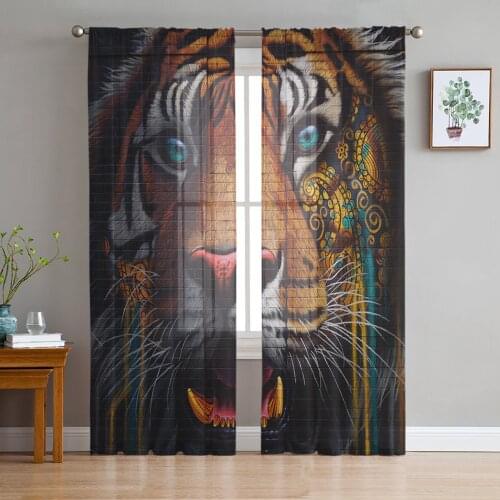 Tiger Totem Wall Texture Sheer Curtains for Living Room Bedroom Kitchen Chiffon Tulle Curtains Home Hotel Coffee Decor