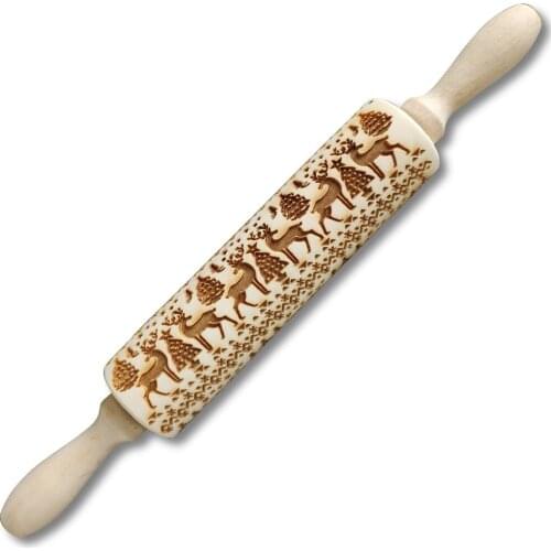 Natural Wood With Elk Pattern For Baking Embossed Cookies Reindeer Rolling Pin