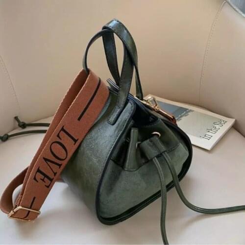 Vintage casual buckets bag for women designer letter shoulder bags luxury pu leather drawstring crossbody bag lady small purses
